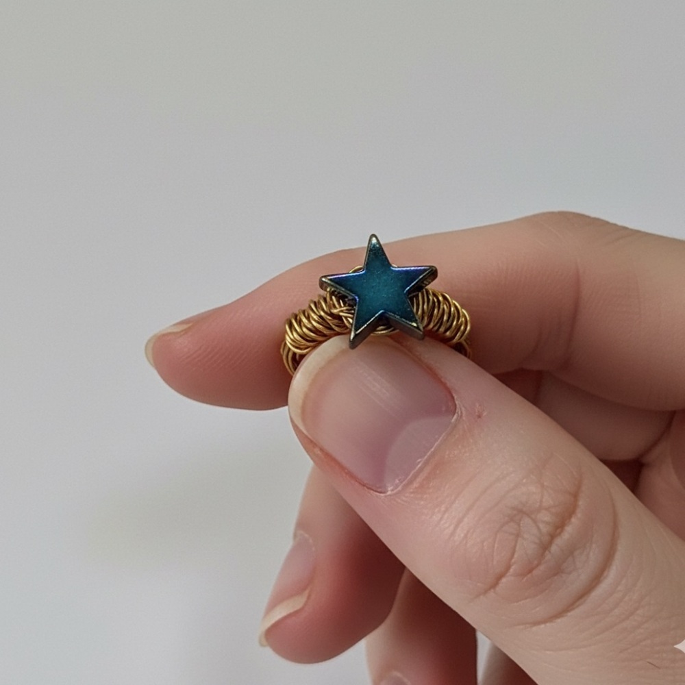 Hematite Gemstone Handmade Ring Gold Tone Wire